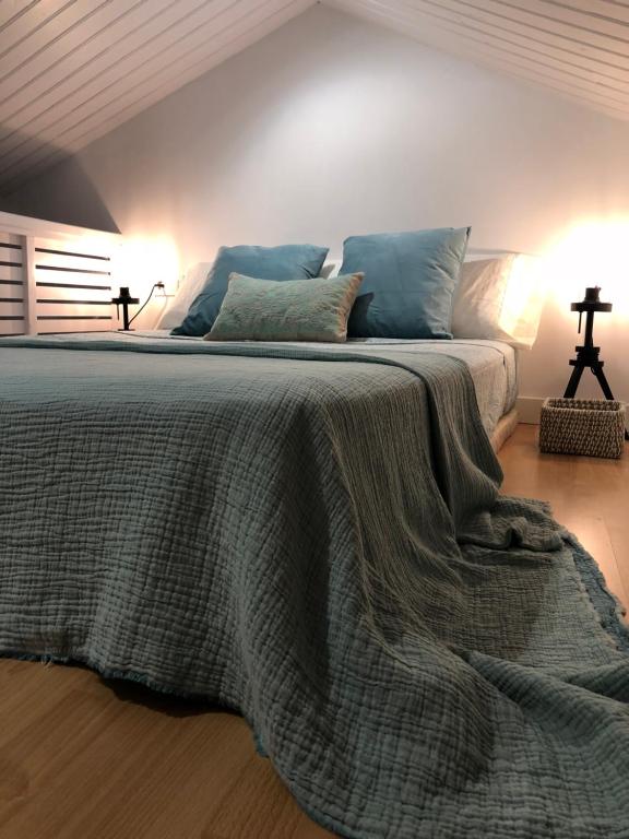 拉雷多Bungalow Laredo的一间卧室配有一张带毯子的大床