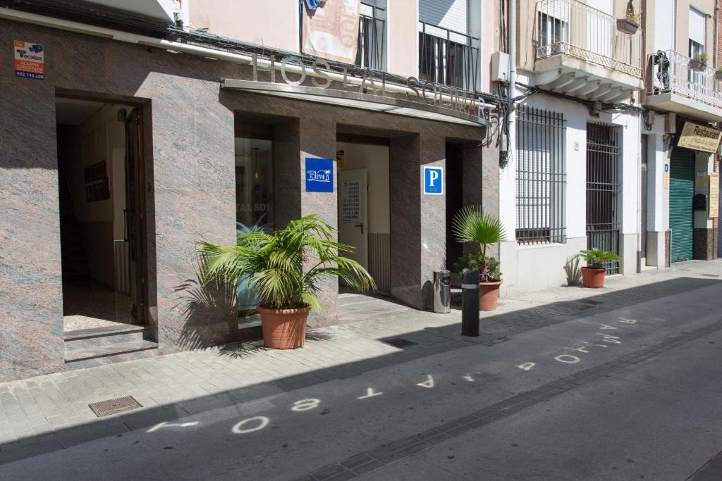 巴达洛纳索里玛尔旅馆的建筑一侧有盆栽植物的街道