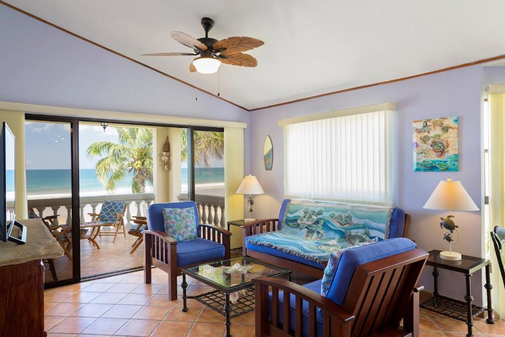 IguanaVillas Iguana A-8 Beachfront Condo的一间带沙发和椅子的客厅,享有海景。