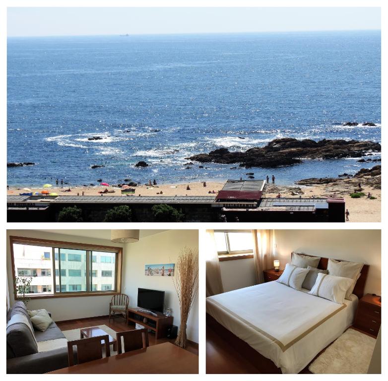 莱萨·达·帕尔梅拉Love Sea Apartment的酒店客房 - 带一张床并享有海滩美景