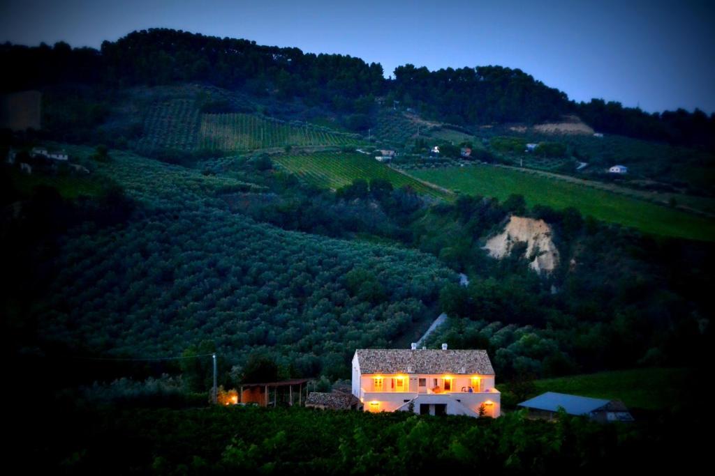 蒙泰普兰多内B&B Casale Fonte Vecchia的夜中山丘的房子