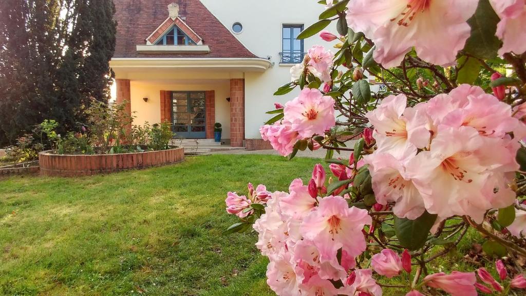Droue-sur-DrouetteLa Closerie的一座房子前面的粉红色花丛