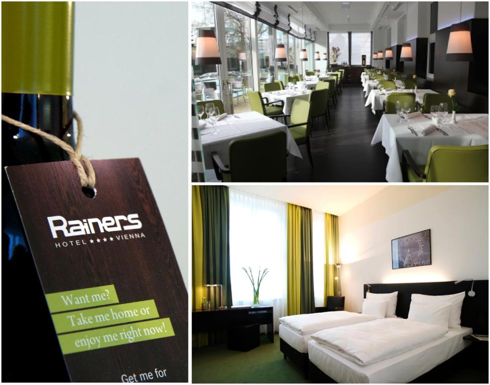 维也纳维也纳雷纳斯酒店的餐厅设有白色的床和桌子以及标志