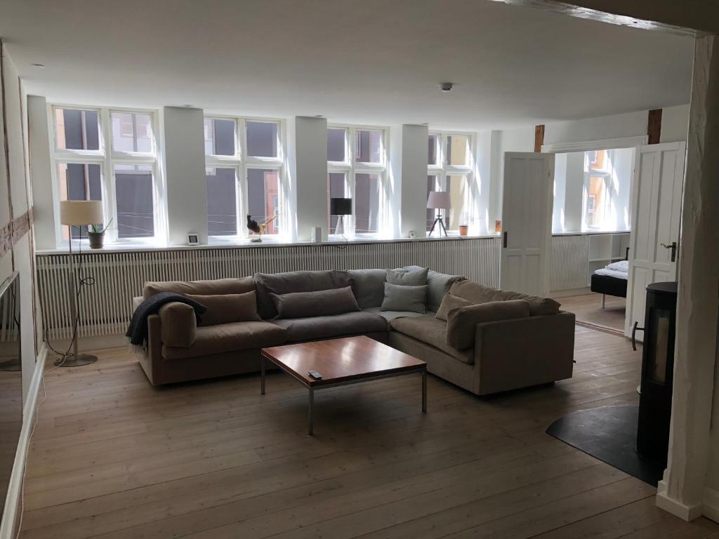哥本哈根K10 Apartments的带沙发和咖啡桌的客厅