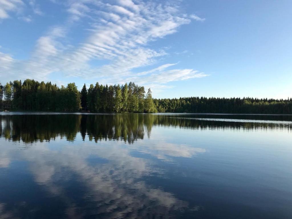 KankaanpääPrivate Lakeside Holiday Property in Nature的水中树木和云层的大湖