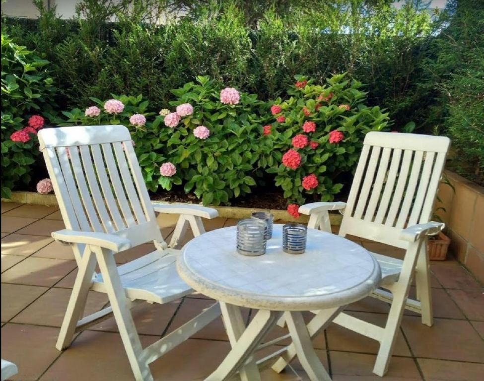 圣塞瓦斯蒂安Ondarreta Beach & Terrace的庭院里种着鲜花,配有两把椅子和一张桌子