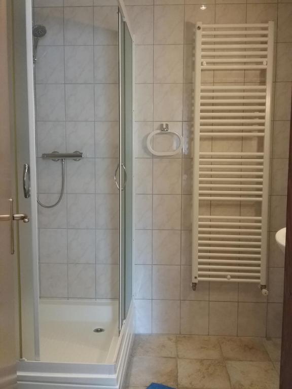 坎普尔Waldeck Apartment 1的浴室里设有玻璃门淋浴