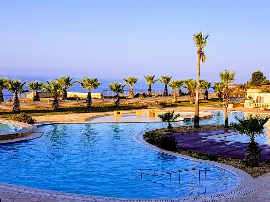 MġarrFort Cambray Apartment with Spectacular Sea Views的一座棕榈树和海洋的大型游泳池