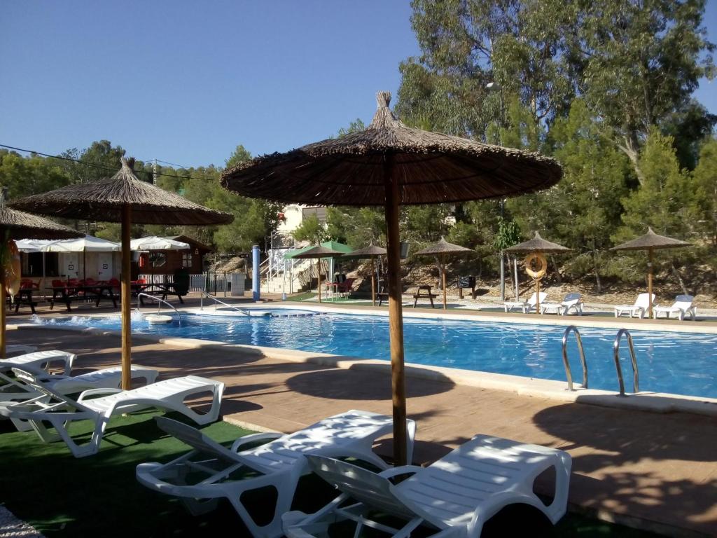 BigastroCamping la Pedrera的一个带椅子和遮阳伞的游泳池和一个游泳池