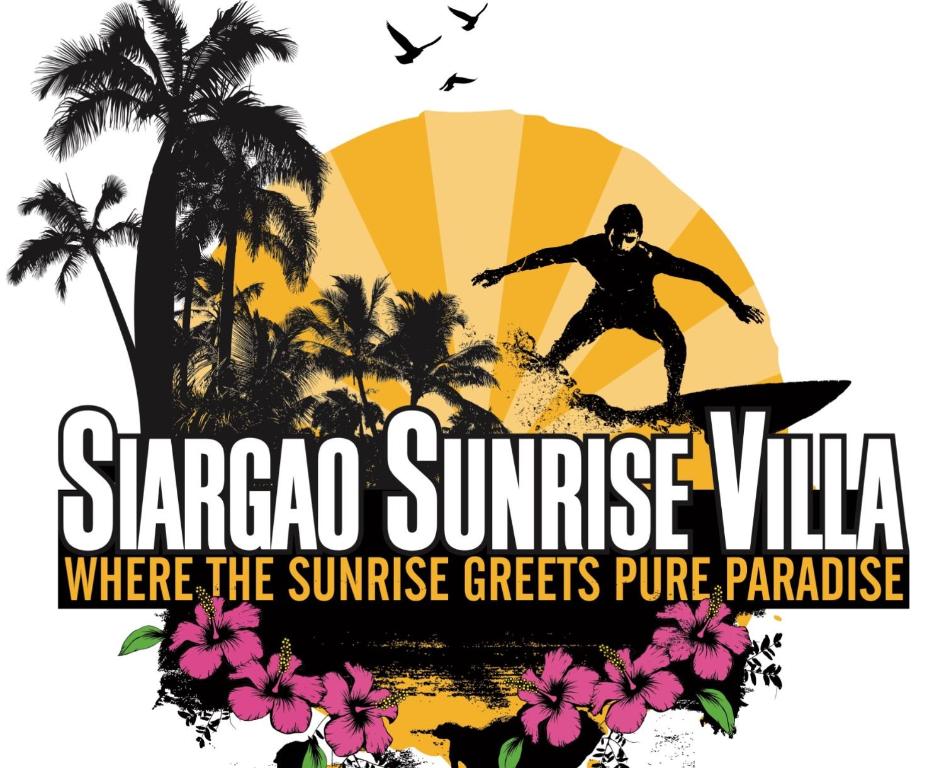 卢纳将军城Siargao Sunrise Villa的冲浪者在日落时分在冲浪板上冲浪