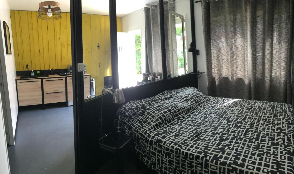 勒芒L'Atelier的一间卧室配有床、水槽和镜子