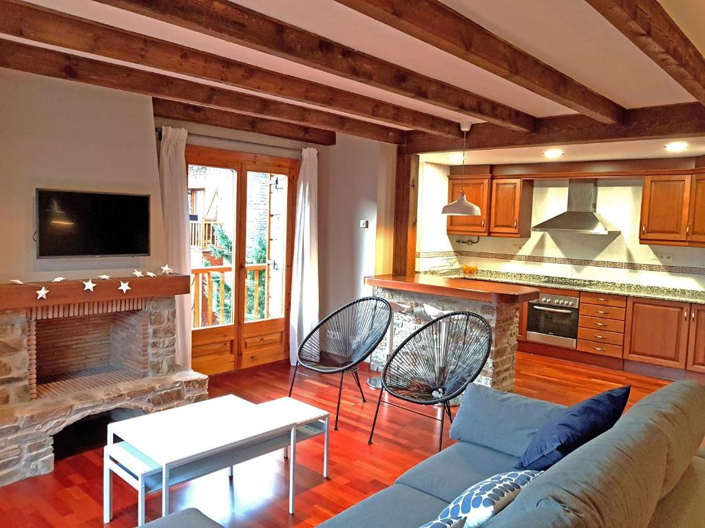 埃斯特里-德阿内乌Apartamento dúplex Esterri d'Aneu的带沙发和壁炉的客厅