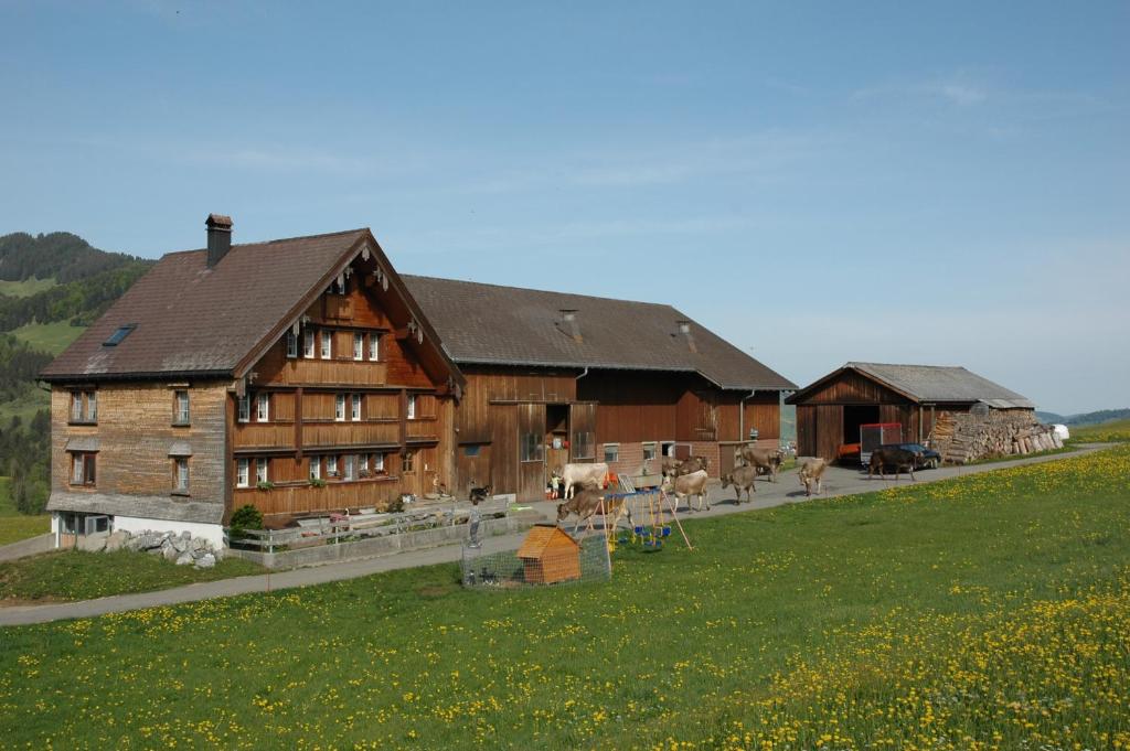 布鲁利绍尔Ferienwohnung Brülisauer的一座大型木制谷仓,前面有动物