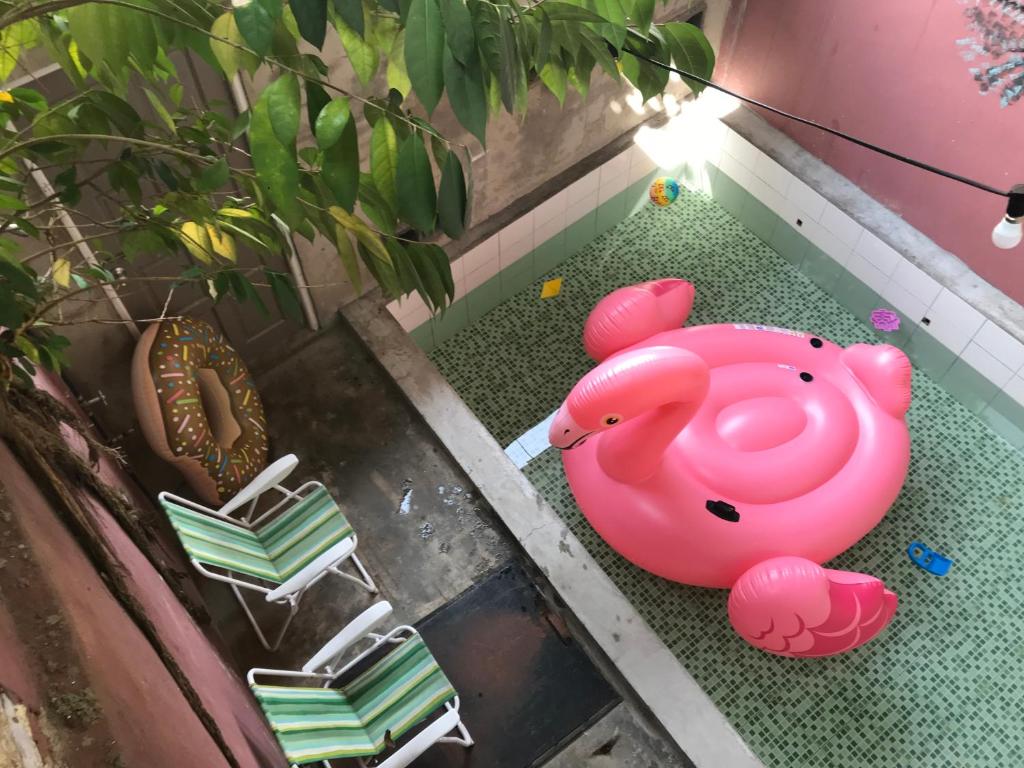 古晋入住旅舍的一只粉红色的玩具猪坐在房间地板上