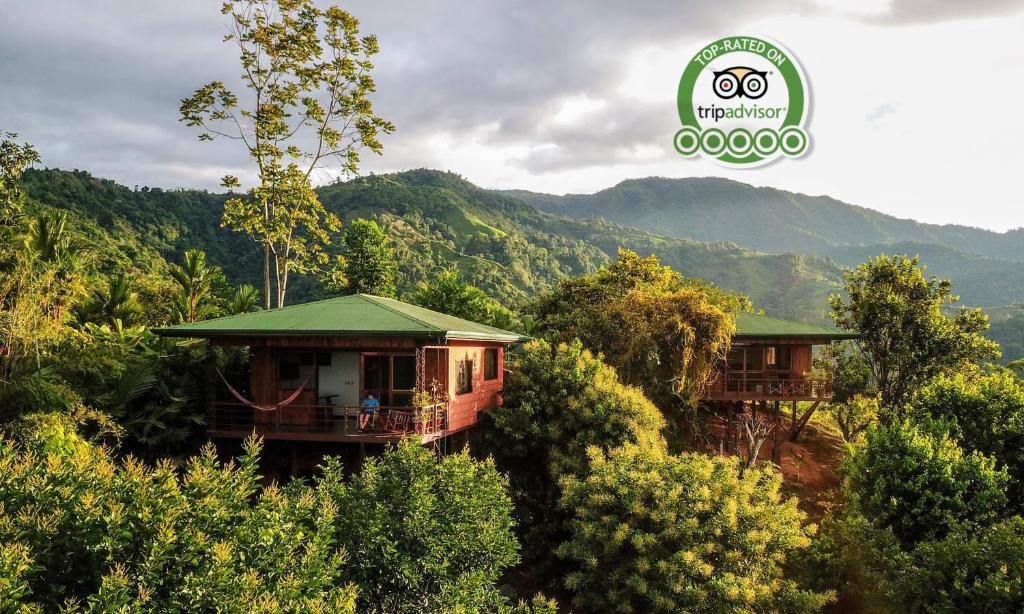 奎波斯城Santa Juana Lodge & Nature Reserve的两栋小屋位于森林中,享有山脉背景