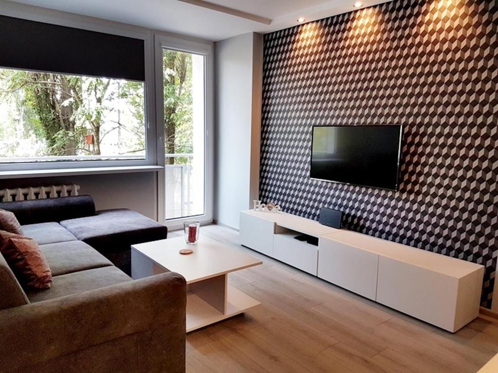 绿山城Sleep4you, Zielona Góra的客厅配有沙发和墙上的电视