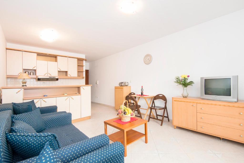 布德瓦Apartman Budva的一间带蓝色沙发的客厅和一间厨房