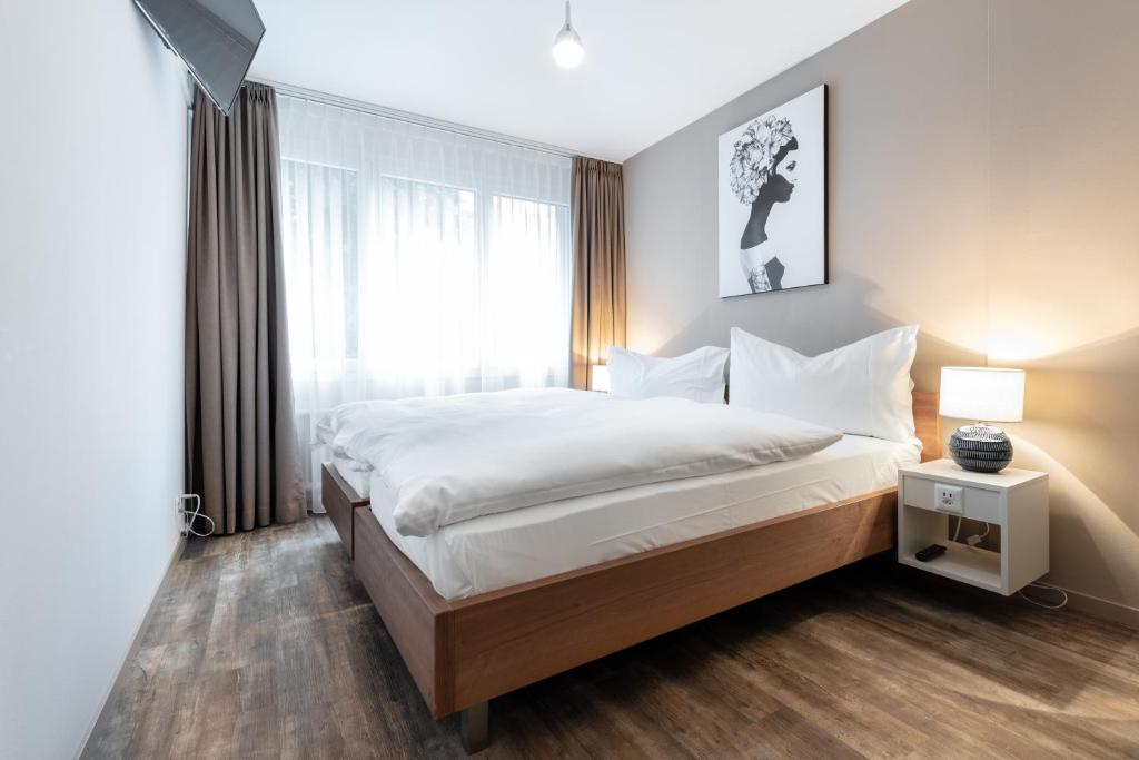 巴塞尔Hotel Birsighof Basel City Center的一间卧室设有一张大床和一个窗户。