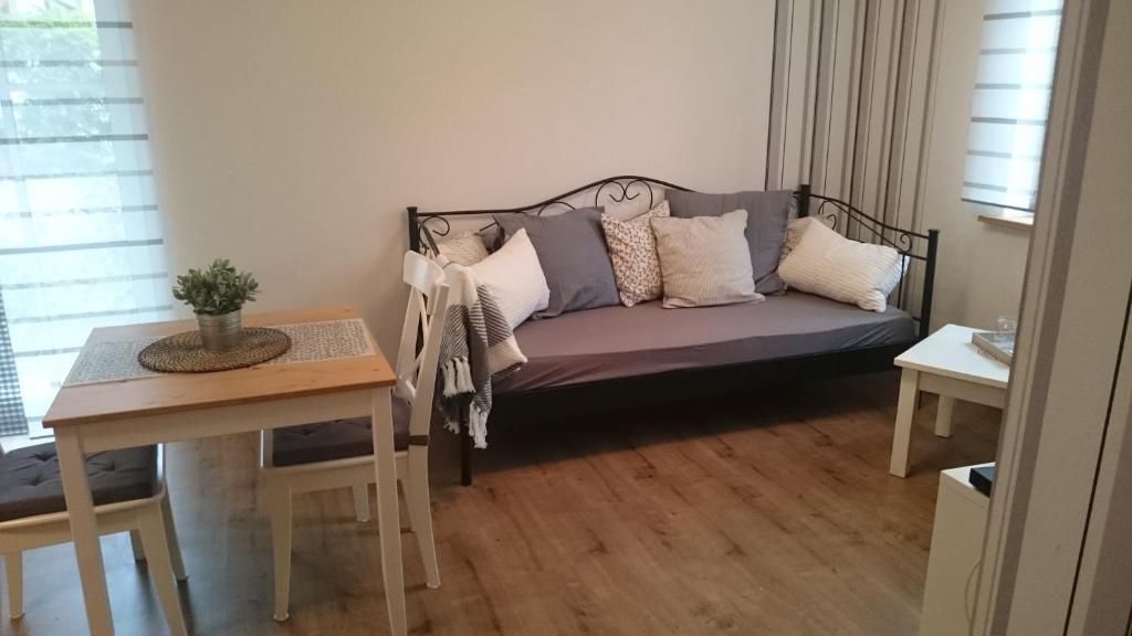 巴特拉斯费Wohnung im Schwedenhaus的客厅配有带枕头的沙发。