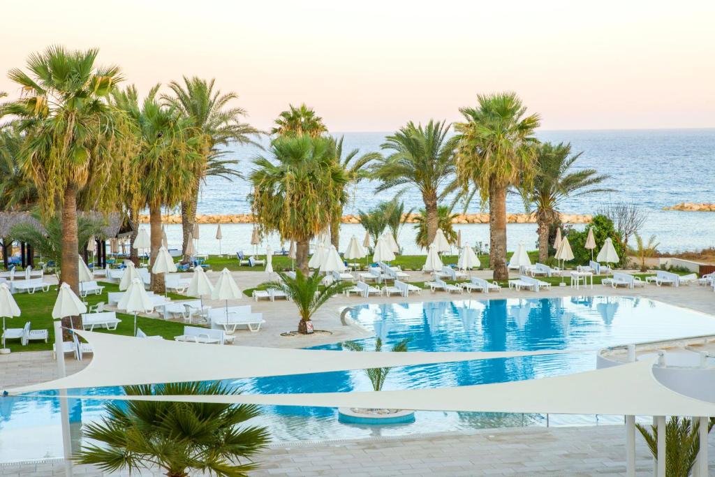 帕福斯金星海滩酒店的享有带游泳池和棕榈树的度假村的景致