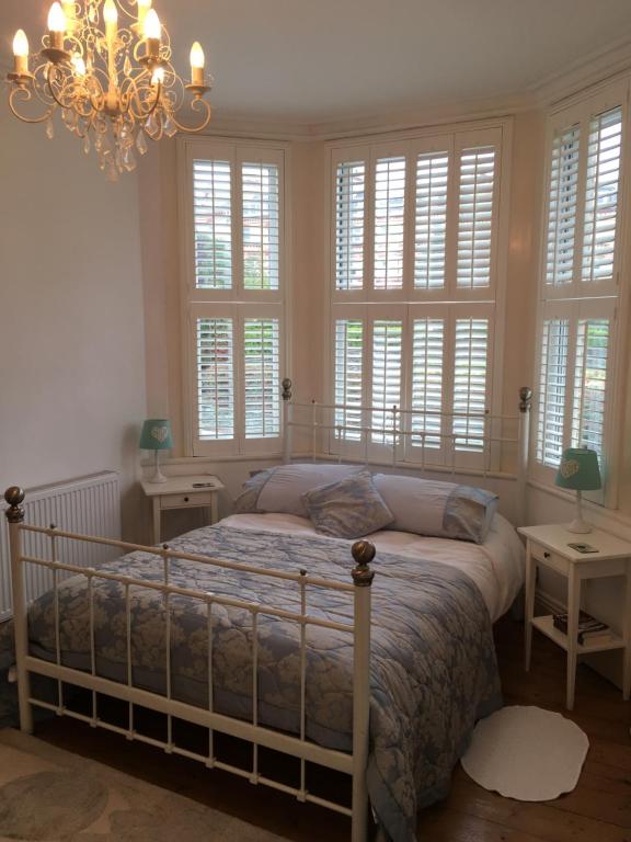 道格拉斯Raymonds的一间卧室配有一张带窗户和吊灯的床。