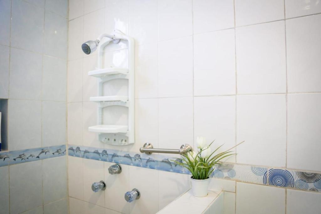 女人岛Casa del mar caribe的浴室配有盥洗盆和带镜子的淋浴