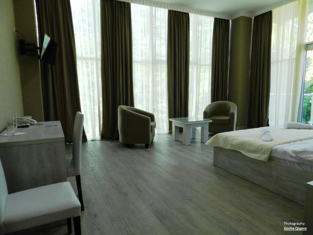 马尔特维利Resort Martvili的酒店客房带一张床、椅子和窗户