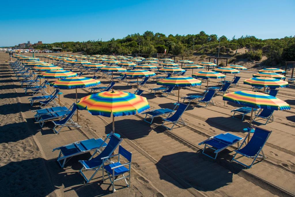 马里纳-迪卡斯塔涅托Camping Continental的海滩上方的椅子和遮阳伞