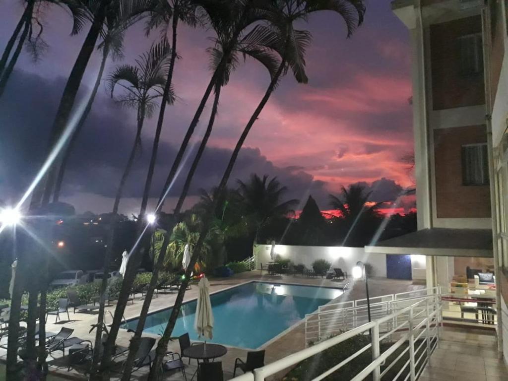 圣若昂达博阿维斯塔佐丹奴曼提葵拉酒店的享有棕榈树度假村游泳池的景色