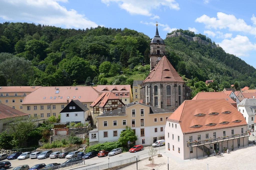 ElbeGrafenblick, Ferienwohnung mit Aussicht!的享有小镇和山丘上教堂的景色