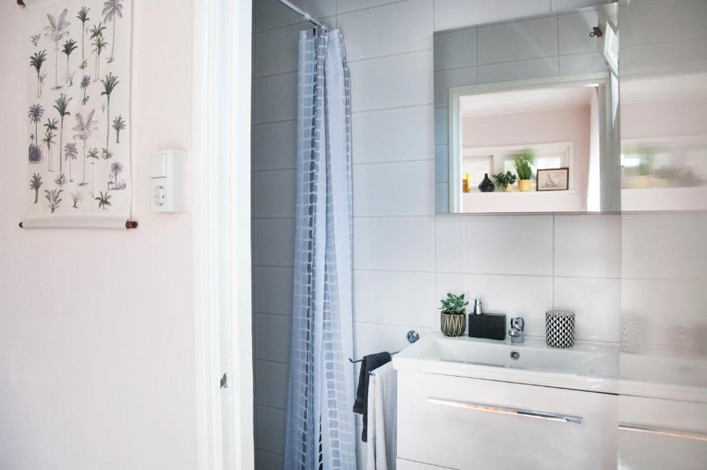 斯塔福伦Heerlijk Huis aan het IJsselmeer的白色的浴室设有水槽和镜子