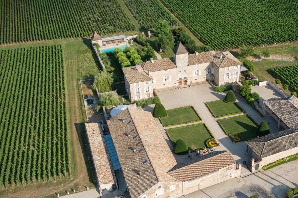 克莱塞Hôtel-Restaurant le Château de Besseuil, Mâcon Nord - Teritoria的葡萄园内房屋的空中景观