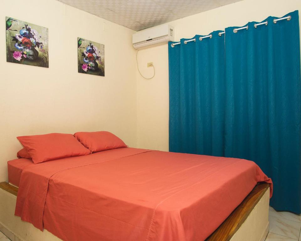 戴维Residencial El Viajero的一间卧室配有一张蓝色窗帘的床