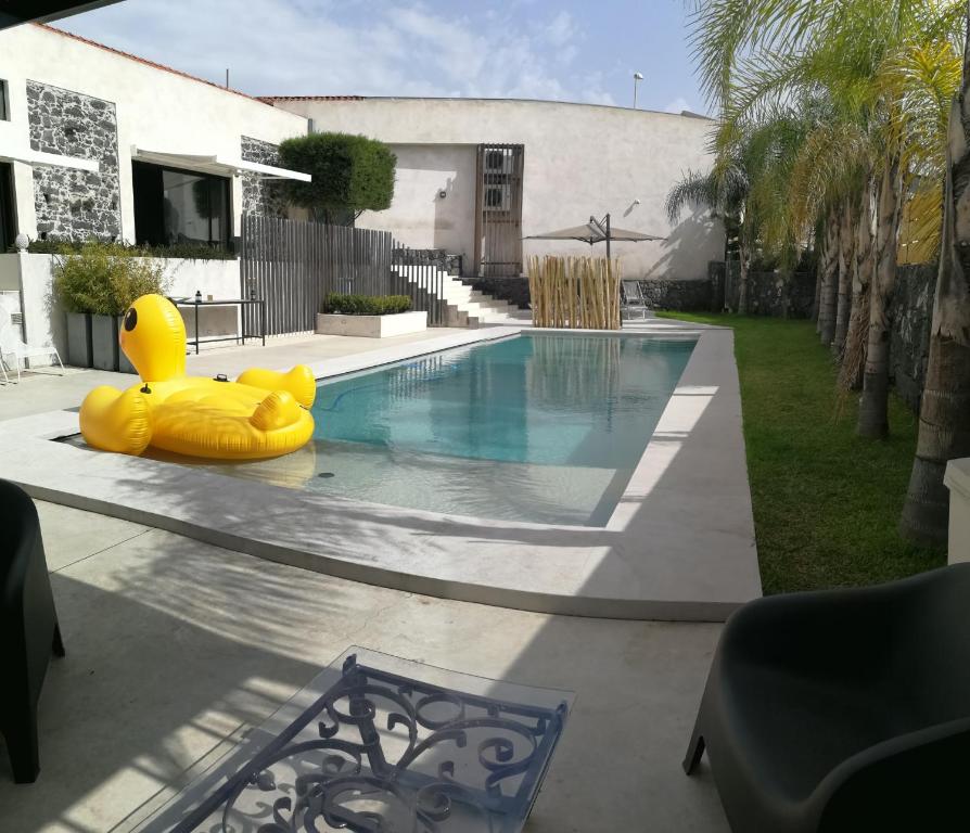 卡塔尼亚西亚拉比斯卡里住宿加早餐旅馆的充气橡皮鸭坐在游泳池旁