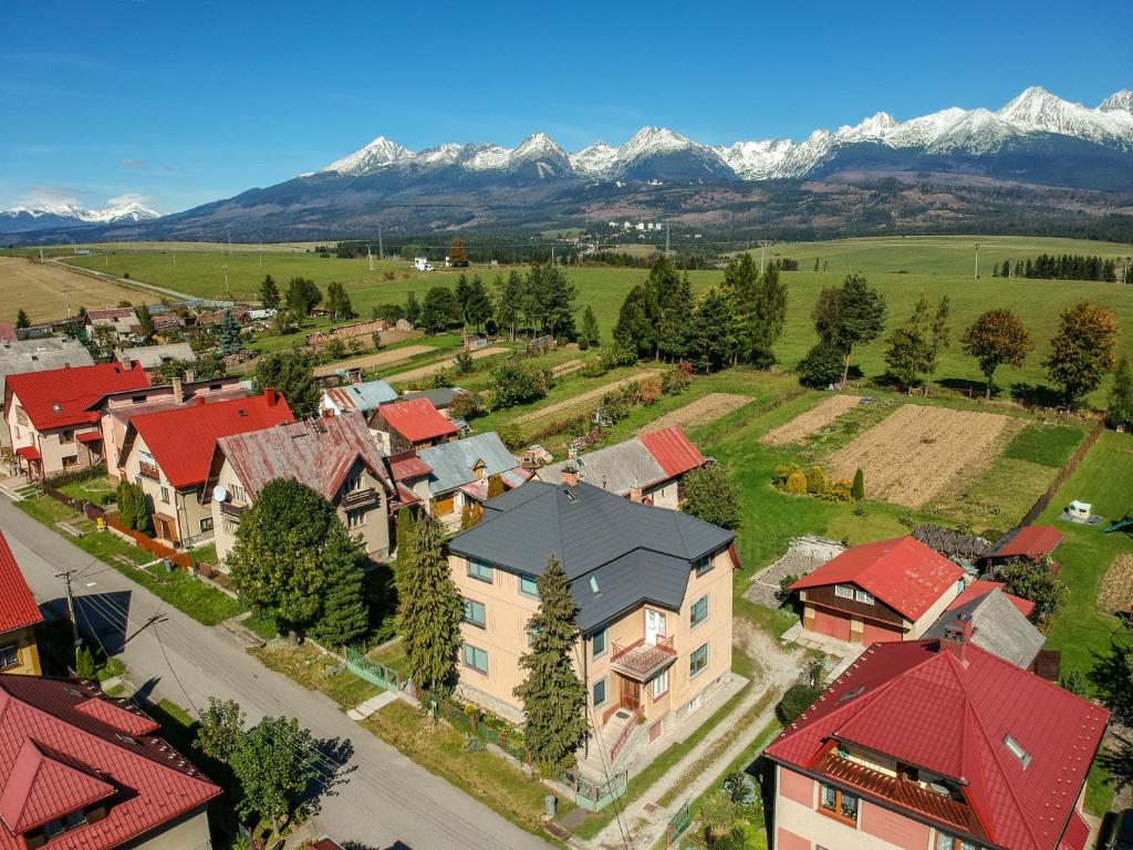 什特尔巴Guest House Privát Štrba的享有村庄的空中景色,以群山为背景
