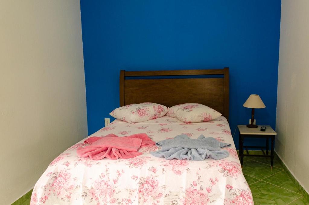 佩尼多Chalé saí azul的一张带衣服和蓝色墙壁的床