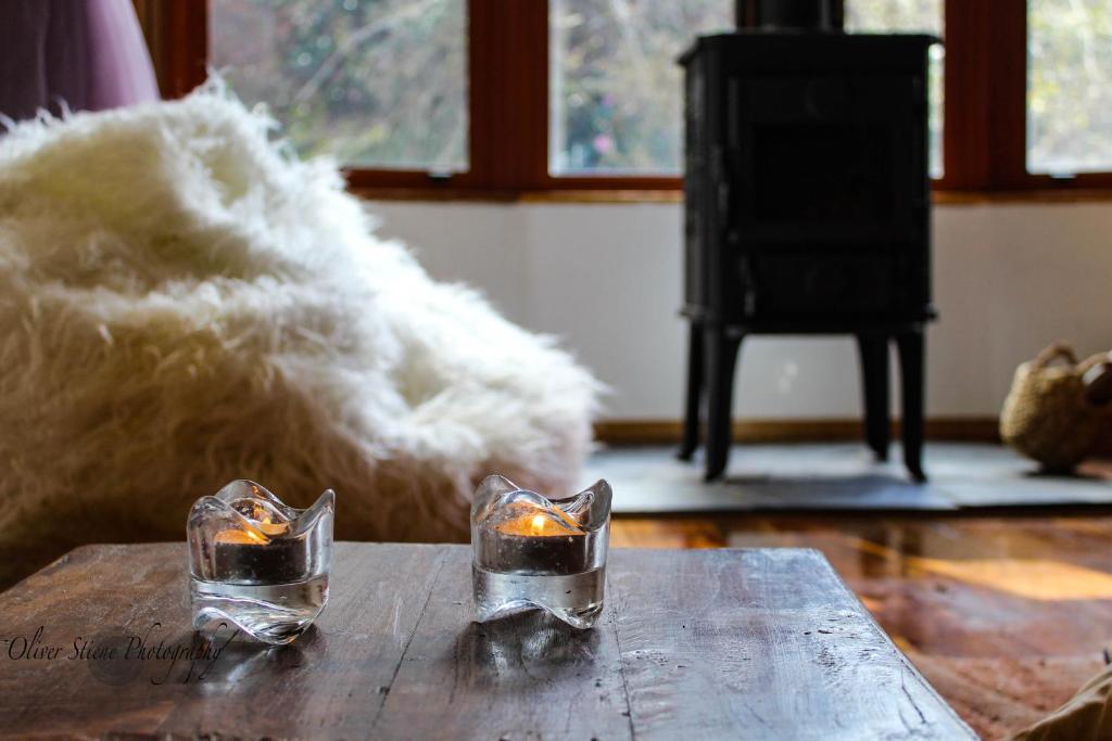 Mount TomahTomah Retreat - Studio RELAX with fireplace的木桌上两根蜡烛