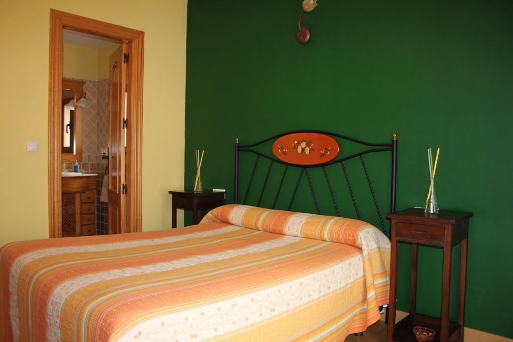 La Santa Espina拉布拉多之角乡村民宿的一间卧室设有一张床和绿色的墙壁
