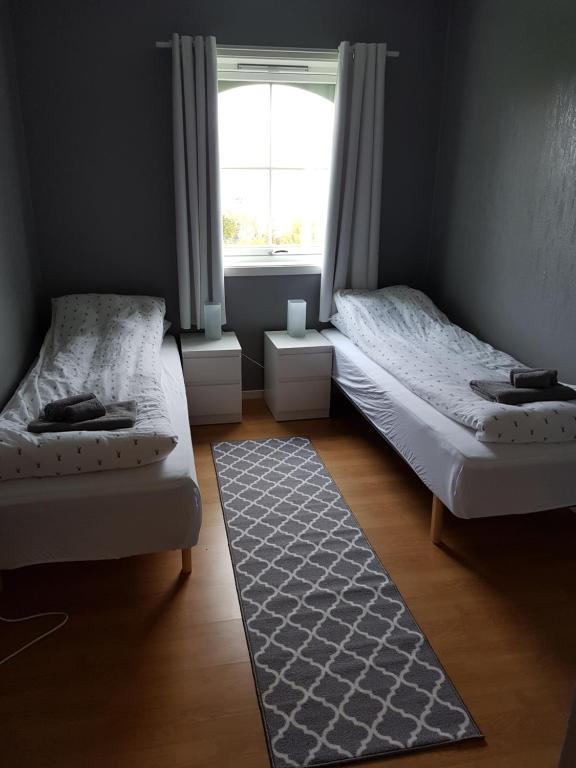 灵塞德Solbakken 27 Apartment的配有窗户和地毯的客房内的两张床