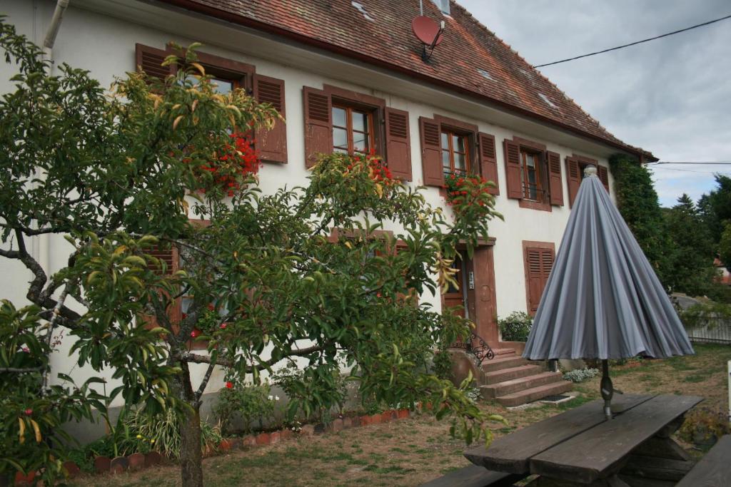 Breitenbach-Haut-RhinMaison d'Alsace的坐在房子前面桌子上的雨伞