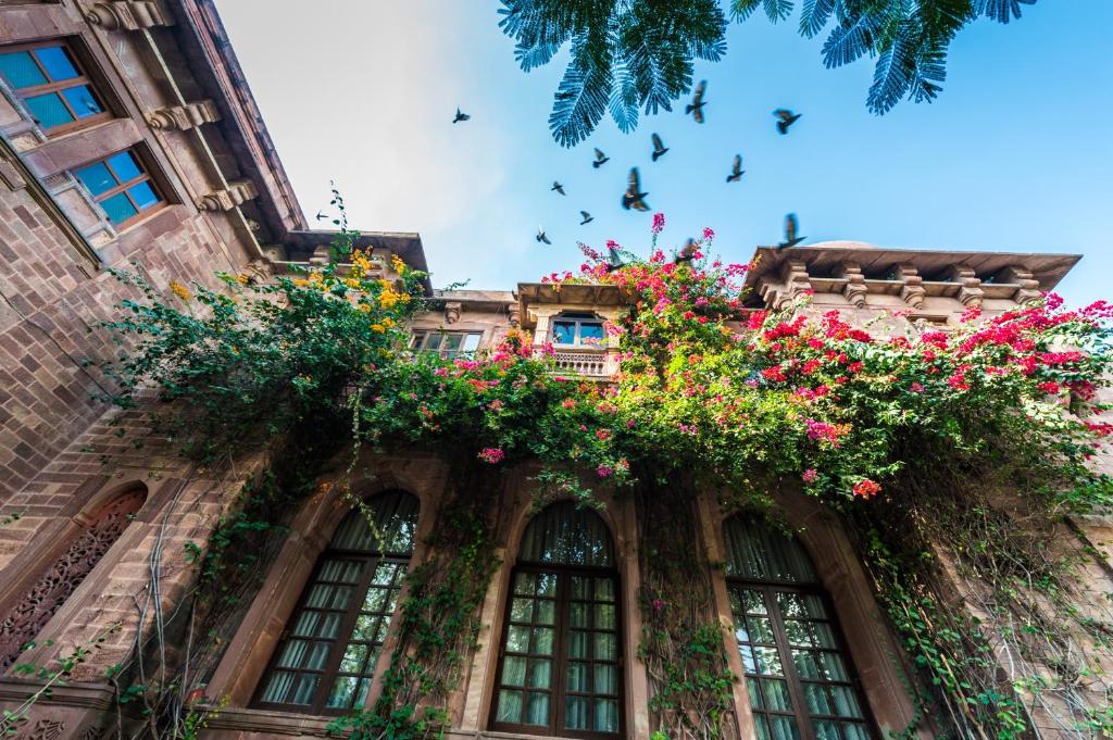 焦特布尔蓝班卡宫酒店的一座花朵满布的建筑
