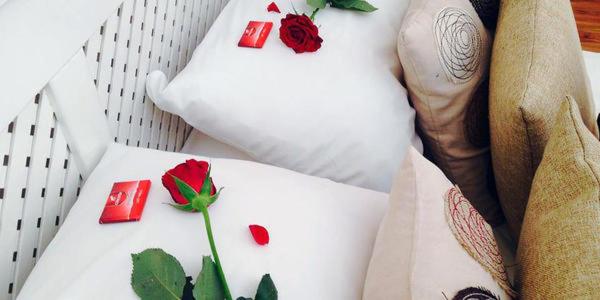 莱迪史密斯Peaches & Cream Bed & Breakfast的戴着枕头的人,上面有两朵玫瑰