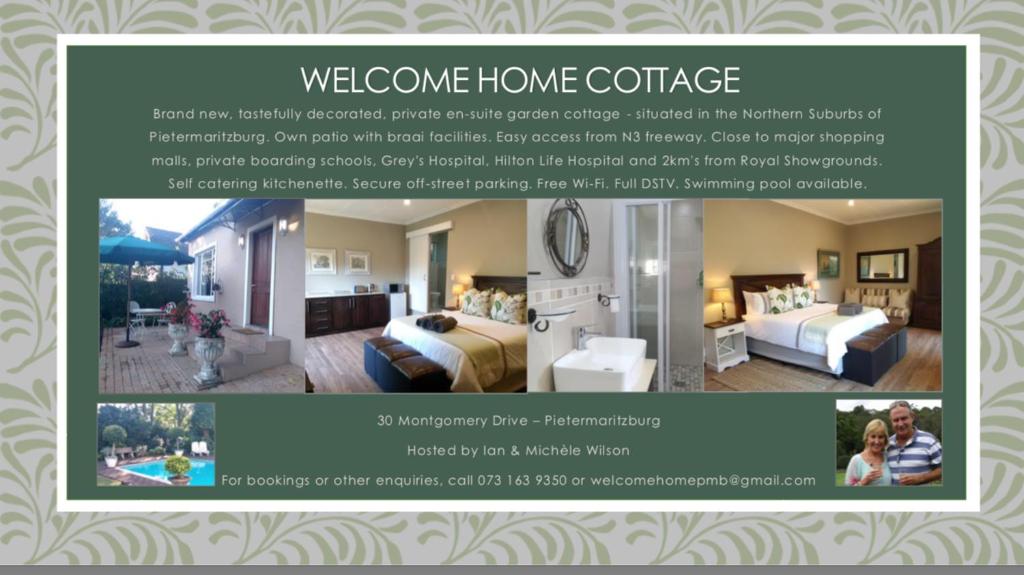 彼得马里茨堡Welcome Home Cottages的一张传单,供家庭欢迎入住,并附有酒店客房的照片