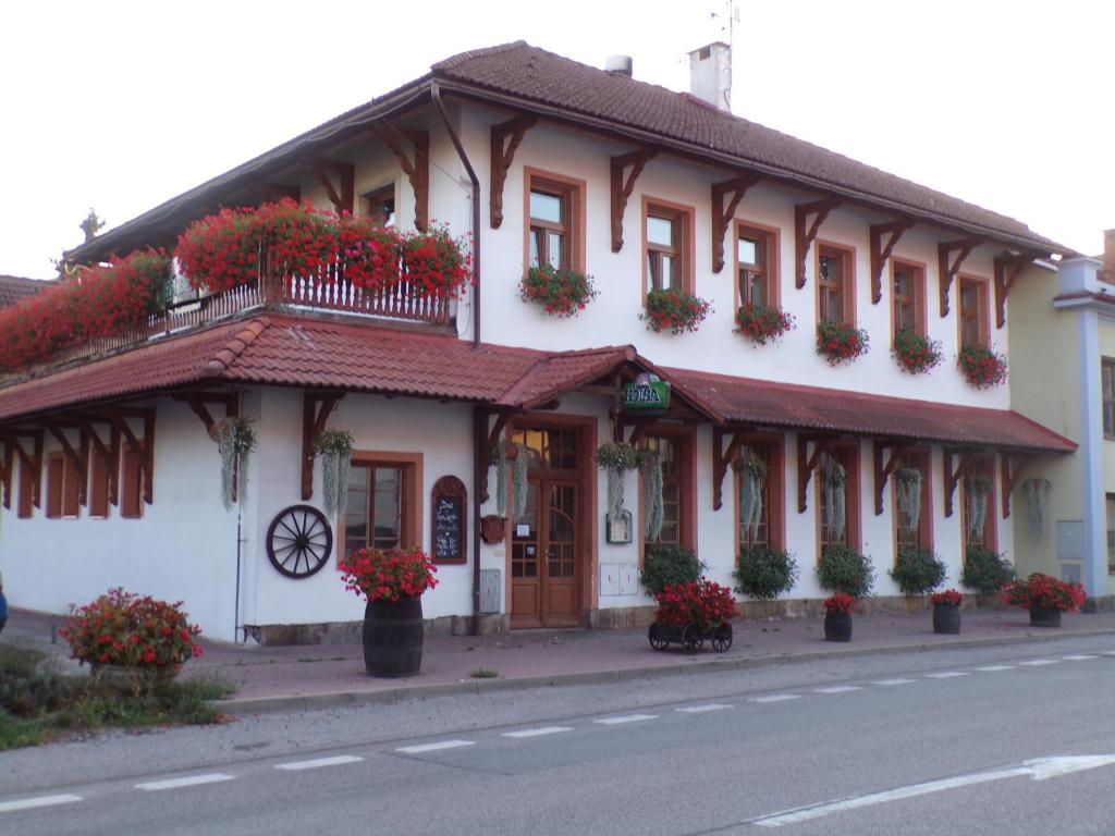 LibuňPenzion Restaurace u Helferů的街上有红色花的白色建筑