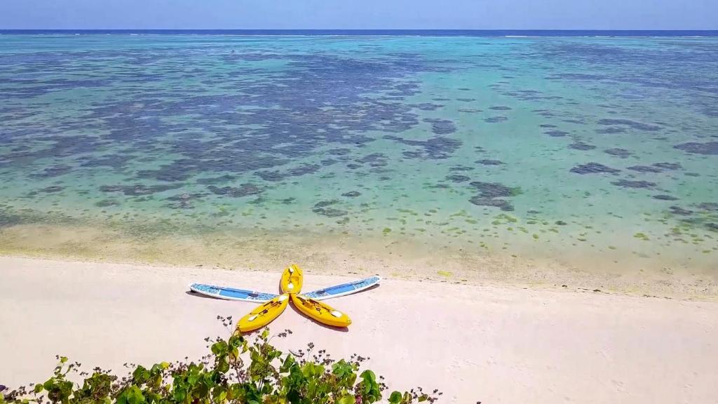 阿鲁坦加Etu Moana Boutique Beach Villas - Adults Only的海滩上一对水面上的冲浪板