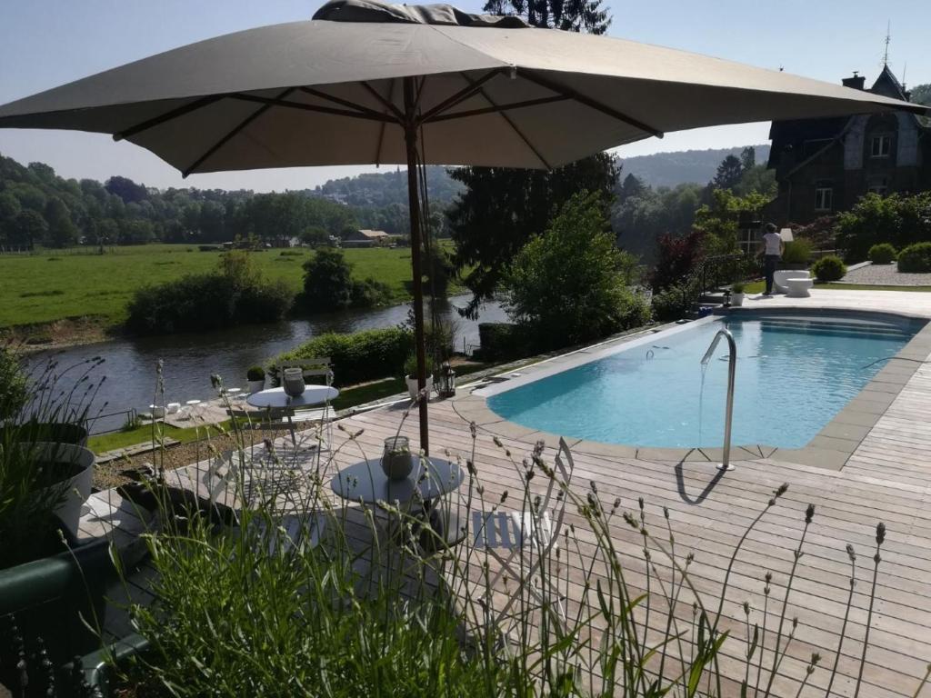 EsneuxChâteau Martin的游泳池旁带遮阳伞的游泳池