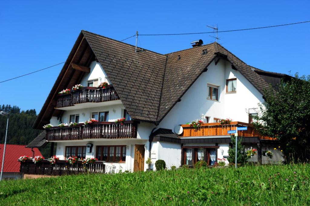 埃尔察赫Gasthof Richebächli的白色房子,有棕色的屋顶