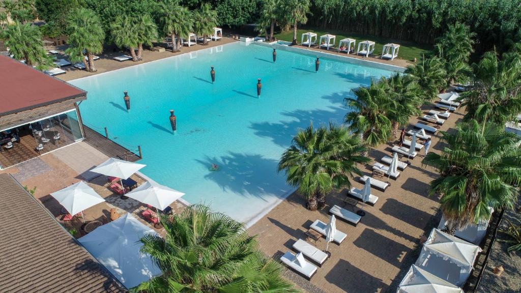 莱切露西娅乔凡尼马塞里亚酒店及水疗中心的享有带椅子和棕榈树的大型游泳池的顶部景致