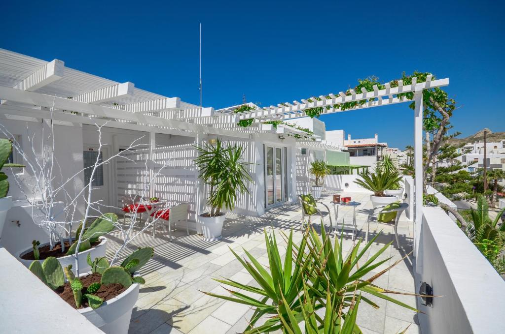 纳克索乔拉阿德里安尼酒店的白色的房子,设有种有植物的庭院