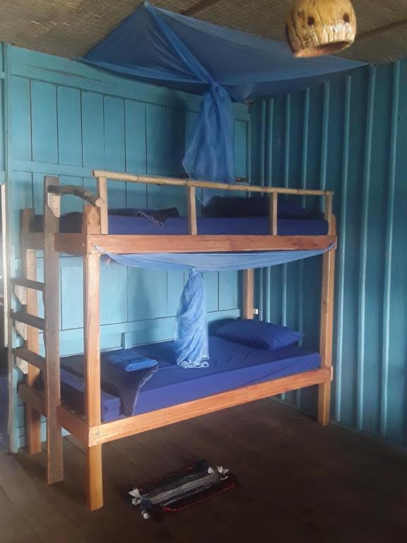 瓜隆岛Firefly Guesthouse的蓝色墙壁的客房内设有两张双层床。